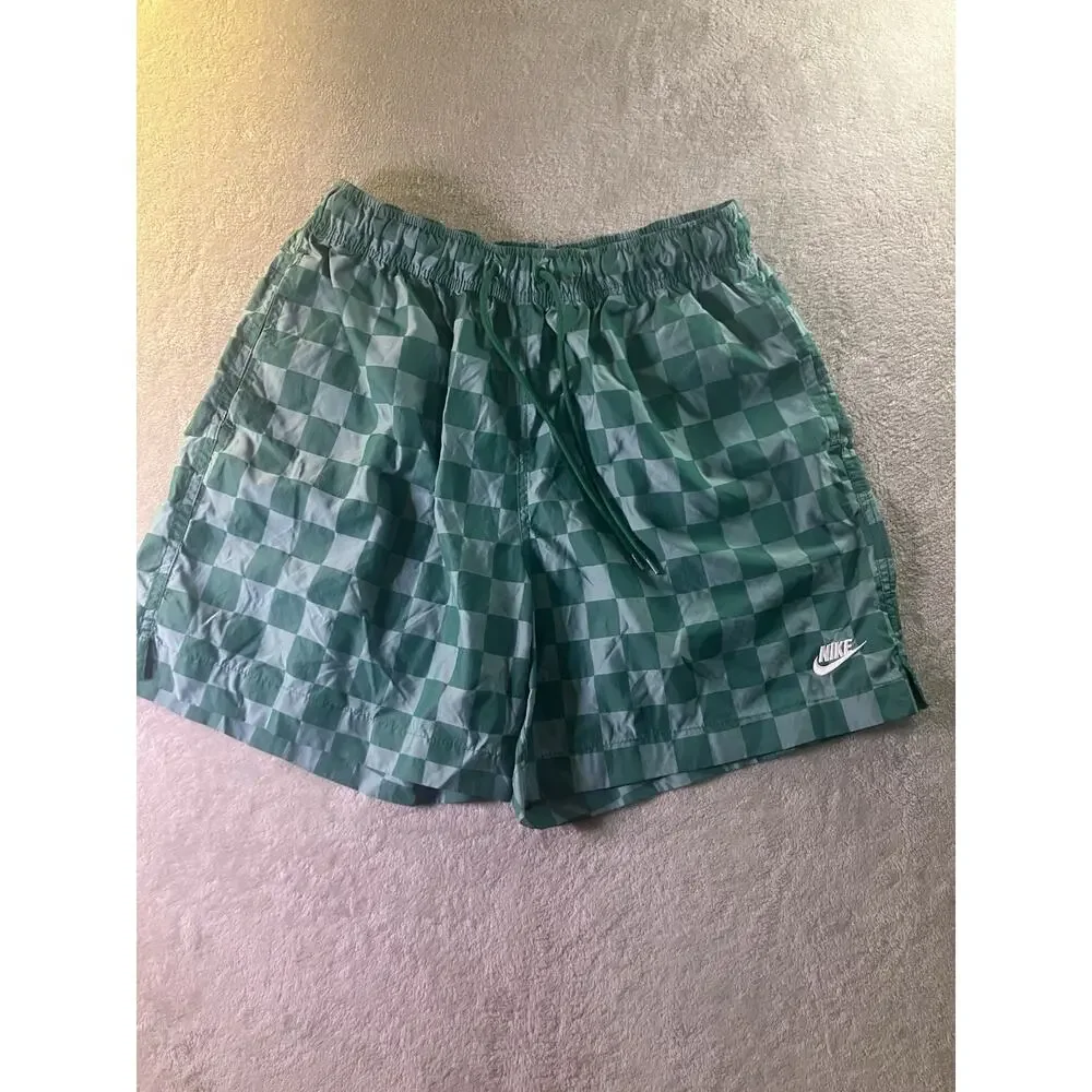Nike Men's Green Check Swim Shorts Size M Logo Elastic Waist Drawstring